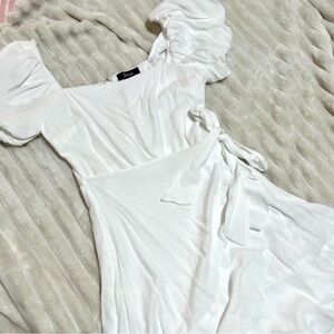Trixxi White Puff-Sleeve Wrap Mini Dress